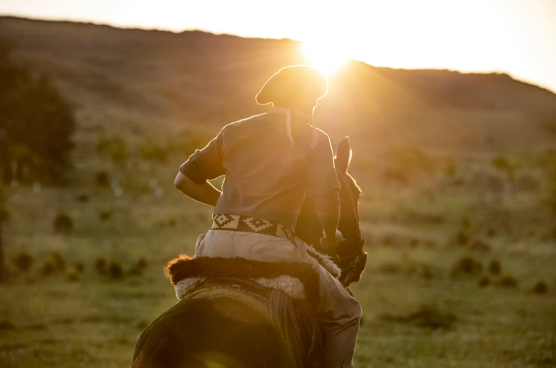 Homem vestido com trajes típicos montado a cavalo durante o pôr do sol em campo aberto, representando a cultura do gaúcho no sul do Brasil.